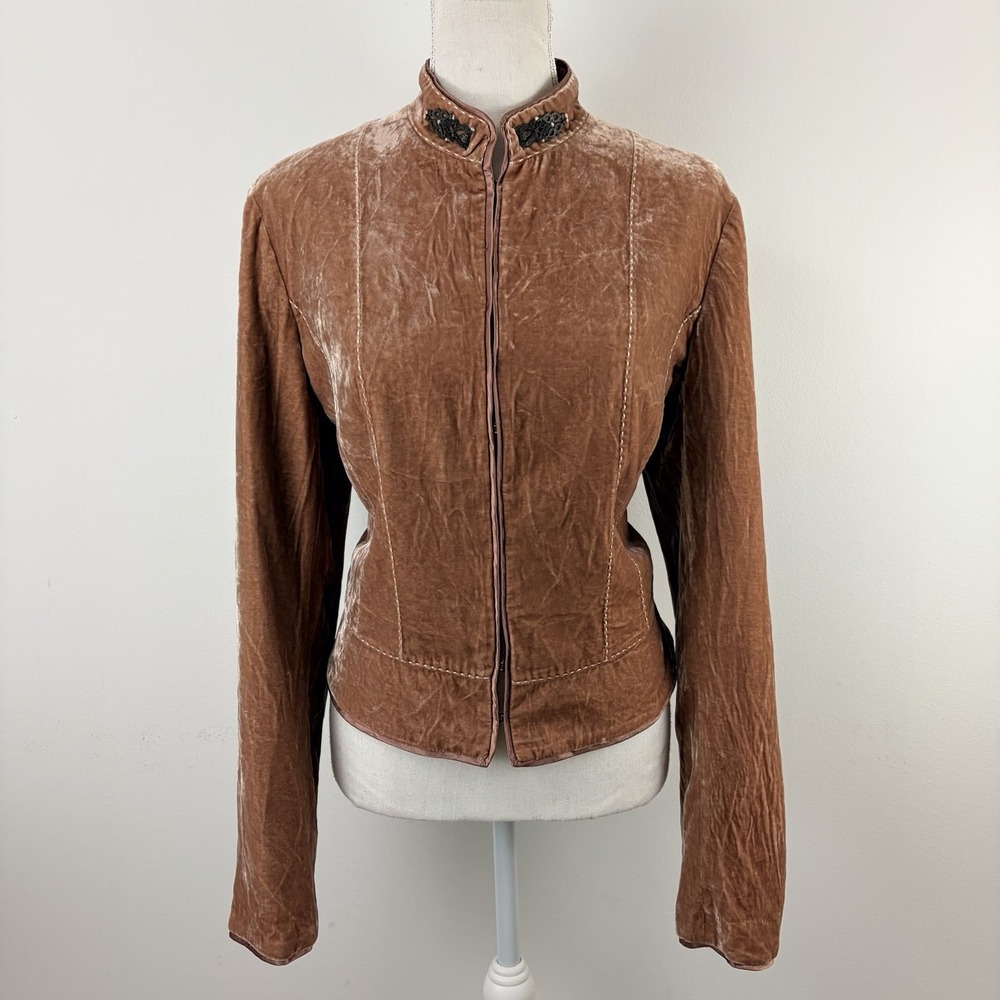 Gianni Bini Brown Velvet Hook Front Jacket Women's Large Rayon Silk Blend